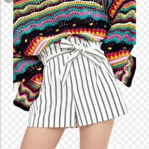 Zara White Striped Paper Bag Pleated Shorts XS